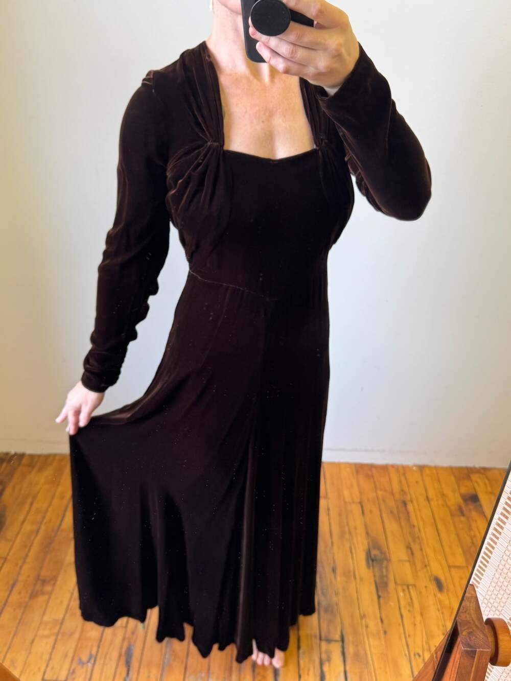 Vintage 1930's Brown Velvet Gothic Glamour Maxi Evening Gown